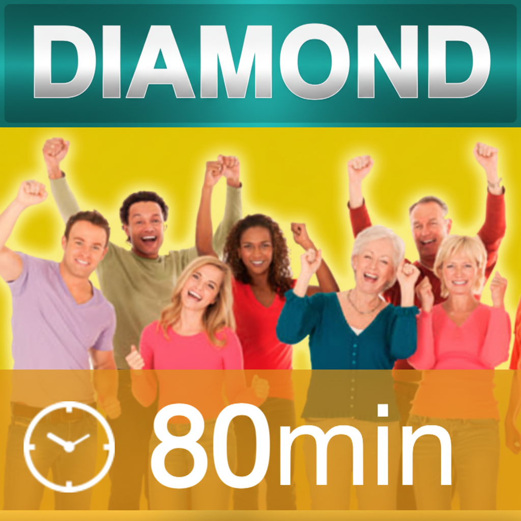A colorful graphic with text 'DIAMOND' and a timer icon indicating '80min', alongside a group of people raising their hands in celebration.