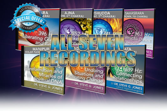 A collection of book covers titled 'All 7 Hz Recordings' featuring various chakra frequencies with corresponding titles and frequencies, set against a white background.